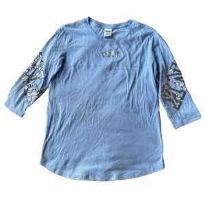 Victoria's Secret PINK T Shirt Sz S Elbow Sleeve Powder Blue Sequins Fun Womens